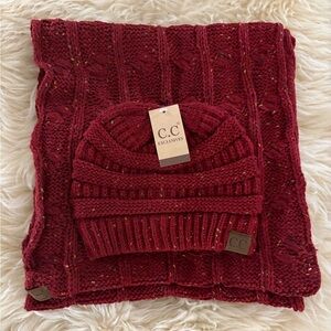 C.C Exclusives Burgundy Cable Knit Beanie and Infinity Scarf Set